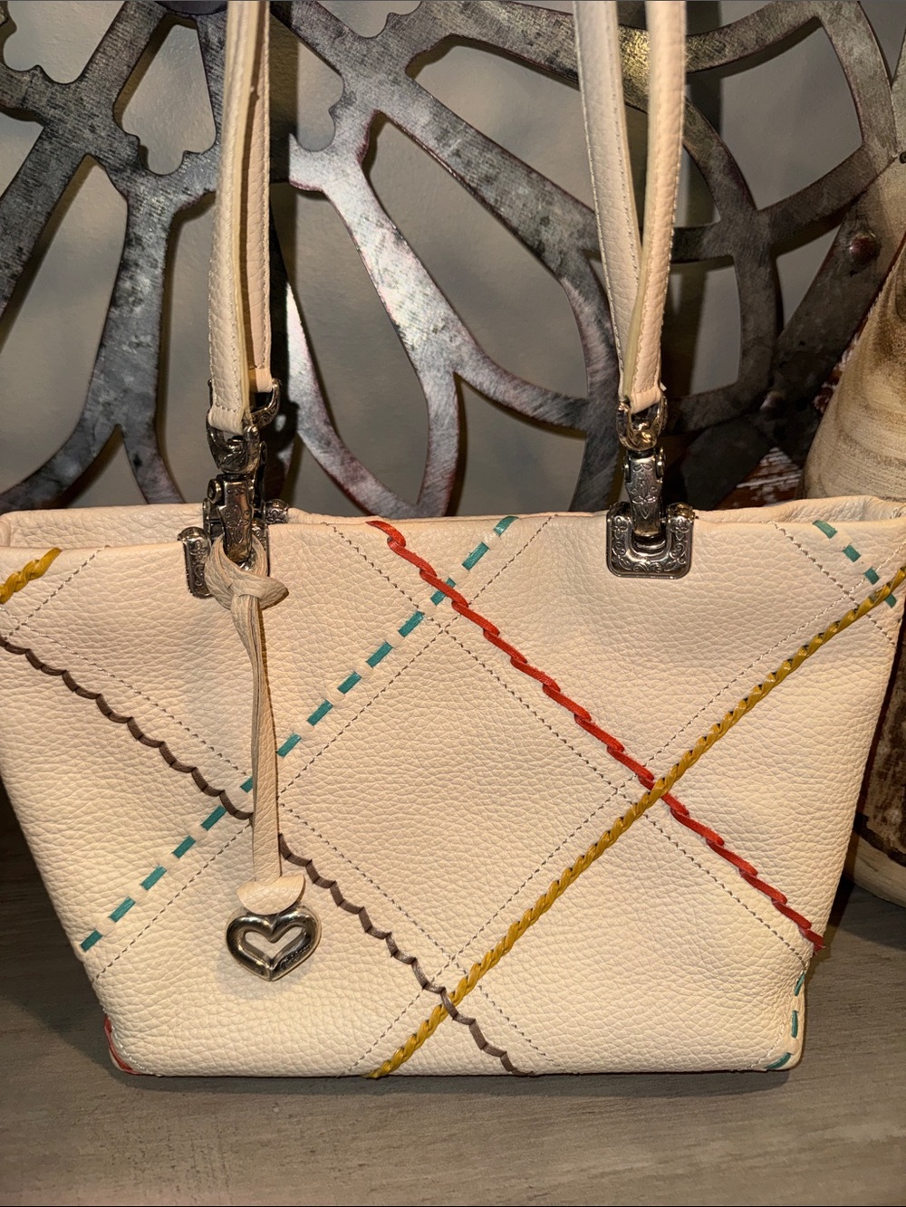 Brighton Leather Tote Bag with Colorful Stitching and Silver Hardware